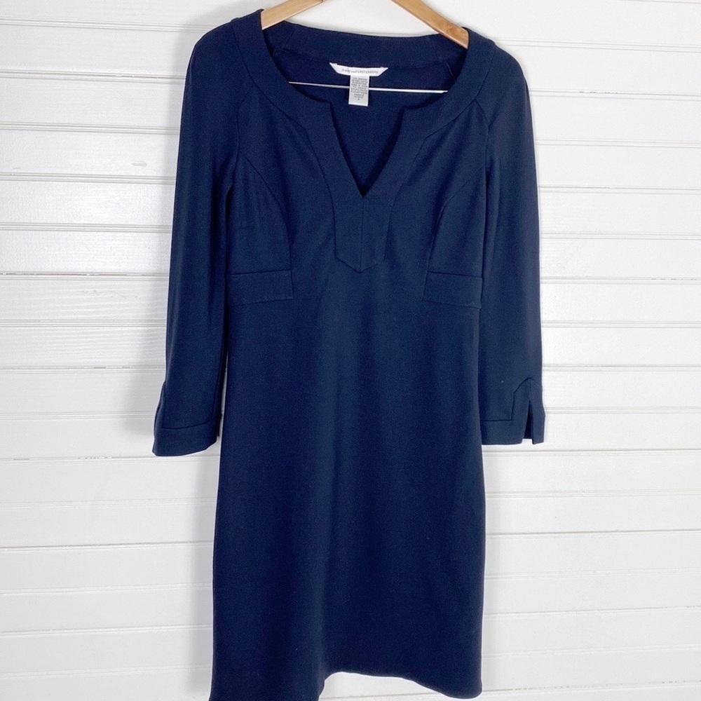 Diane Von Furstenberg Dark Blue Dress V-Neck Slit 3/4 Sleeve Stretch Size 8